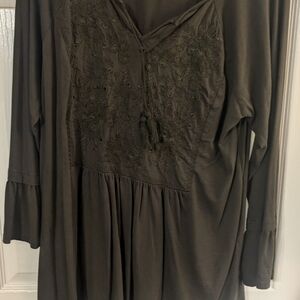 JJill Dark Olive Embroidered Tunic Top Women Shirt